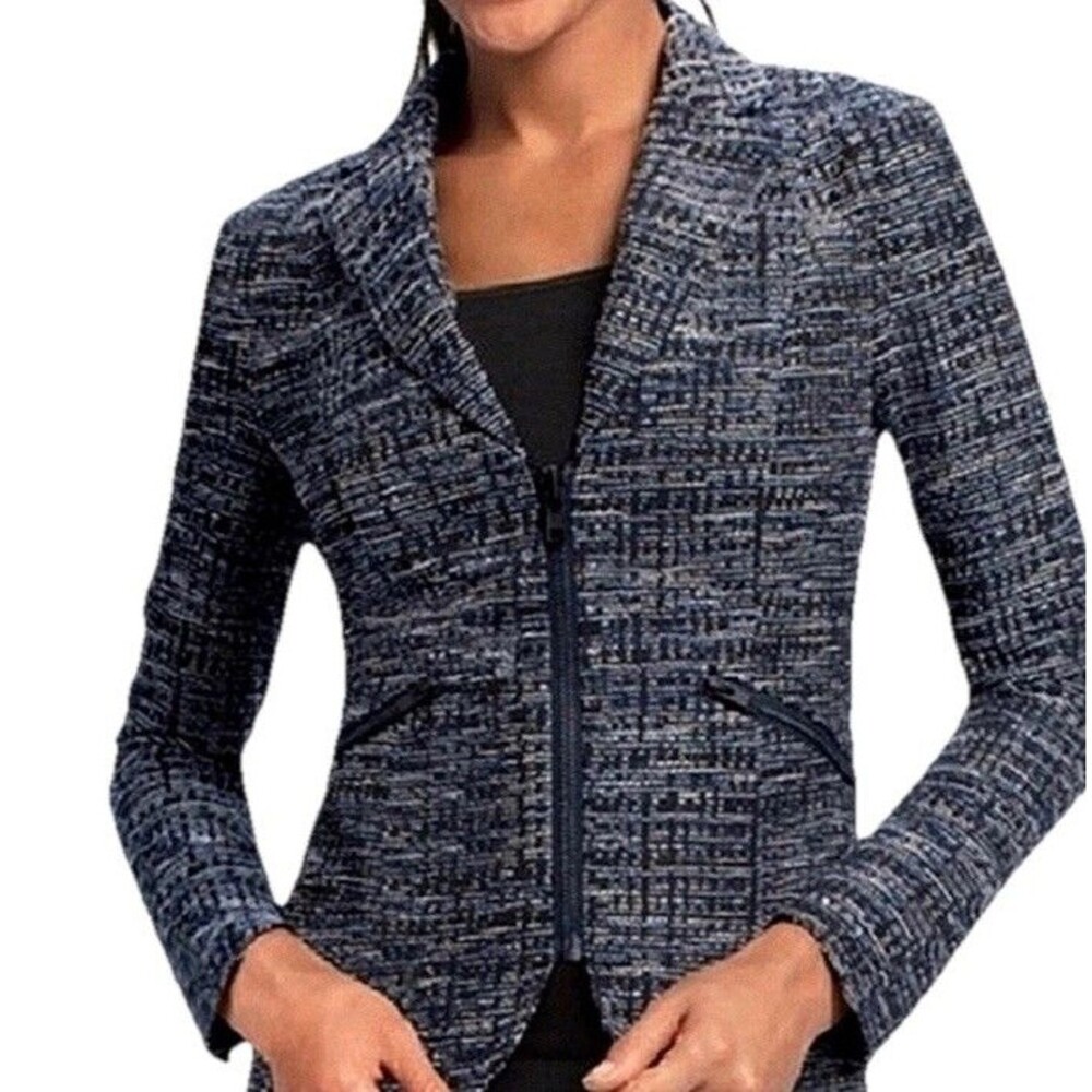 Cabi Navy Tweed Zip Front Jacket Blazer Style 723 Long Sleeve Size 10